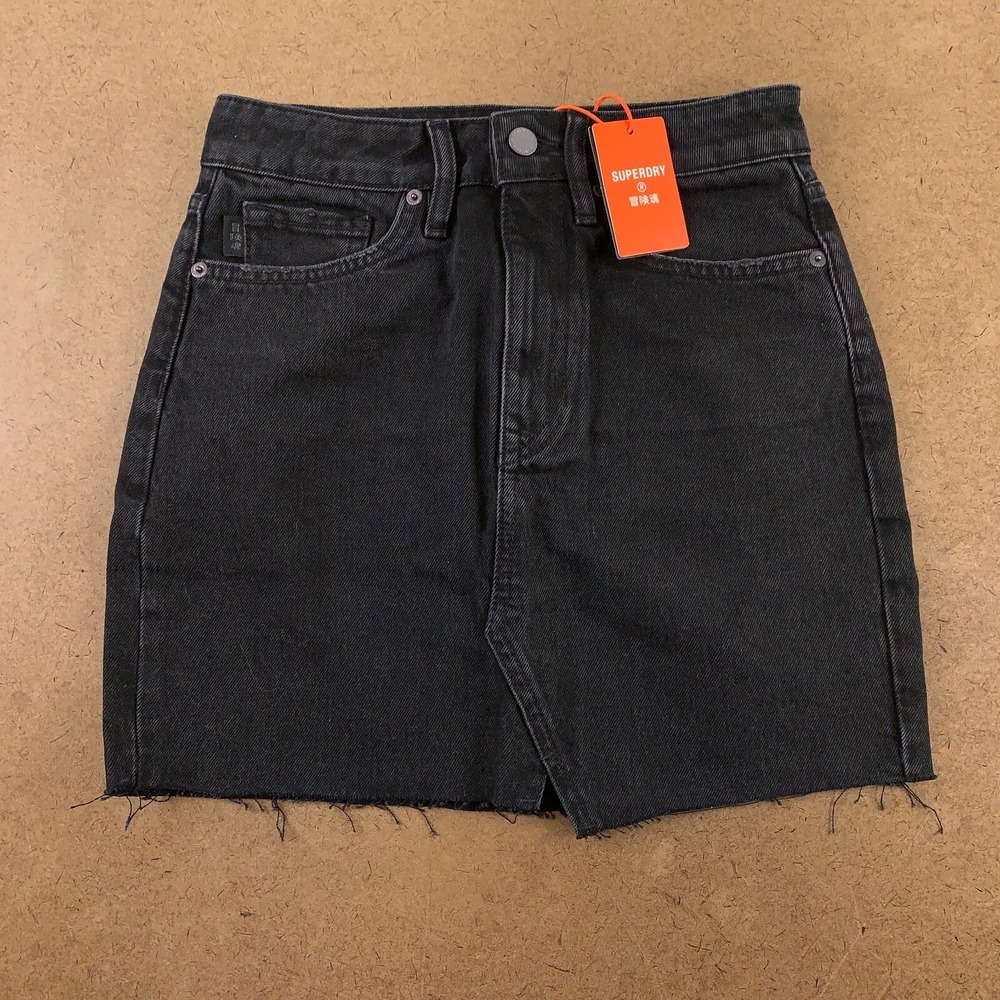Superdry Women's 26 Black Washed Denim Raw Hem Mini Jean Skirt NWT